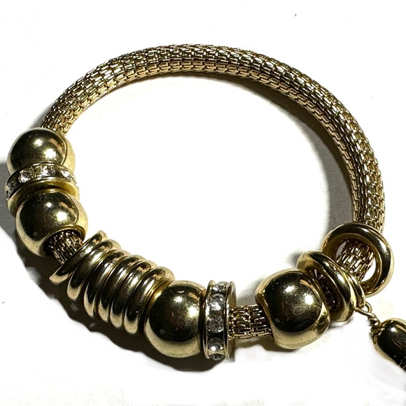 Gold Tone Mesh Stretch Bracelet Tassel & Sliding Charms Tiny Rhinestones - Picture 4 of 6